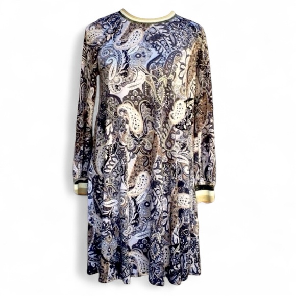 Prelude Paisley Pattern Metallic Speckled Stripe Knit Crew Neck Cuff Shift Dress - Picture 3 of 9